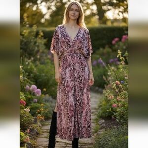 LOVESTITCH, PINK AND PLUM ANI.AL PRINT KIMONO MAXI DRESS S/m